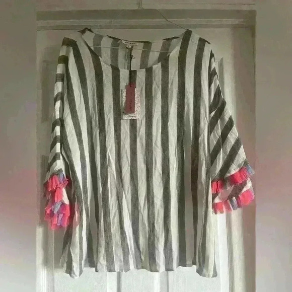 Tassel Tunic Fringe Flutter Sleeve Blouse Boho Stripes Rainbow NEW NWT Tassel - Picture 4 of 11